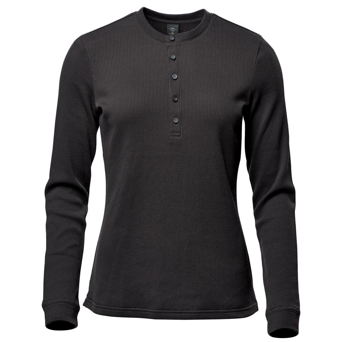 Black long-sleeve henley shirt with buttons on the front.