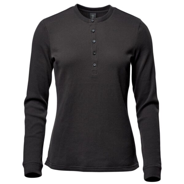 Black long-sleeve henley shirt with a buttoned placket.