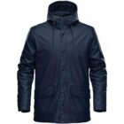 Navy blue hooded rain jacket with front pockets and drawstrings.