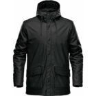 Dark green raincoat with a hood and pockets, displayed on a white background.