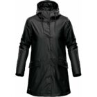 Black hooded raincoat with front buttons and two flap pockets.