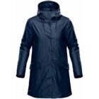 Dark blue raincoat with a hood and front pockets, displayed against a white background.
