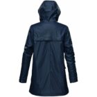 Back view of a dark blue hooded raincoat.