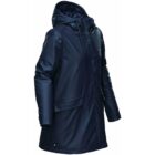 Navy blue waterproof hooded coat with button closure and pockets.