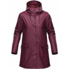 Maroon rain jacket with a hood and front pockets on a white background.