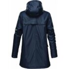Dark hooded raincoat with long sleeves, viewed from the back.