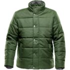 Green puffer jacket with front buttons and high collar.