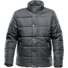 Dark gray padded jacket with a high collar and front snap buttons.