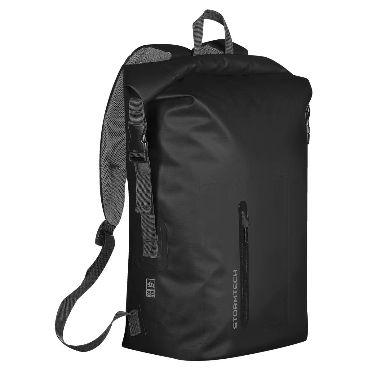 Black, sleek backpack with roll-top closure and a front zipper pocket.