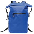 Blue waterproof backpack with roll-top closure and front zippered pocket.