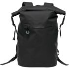 Black roll-top backpack with front pocket and side buckles.