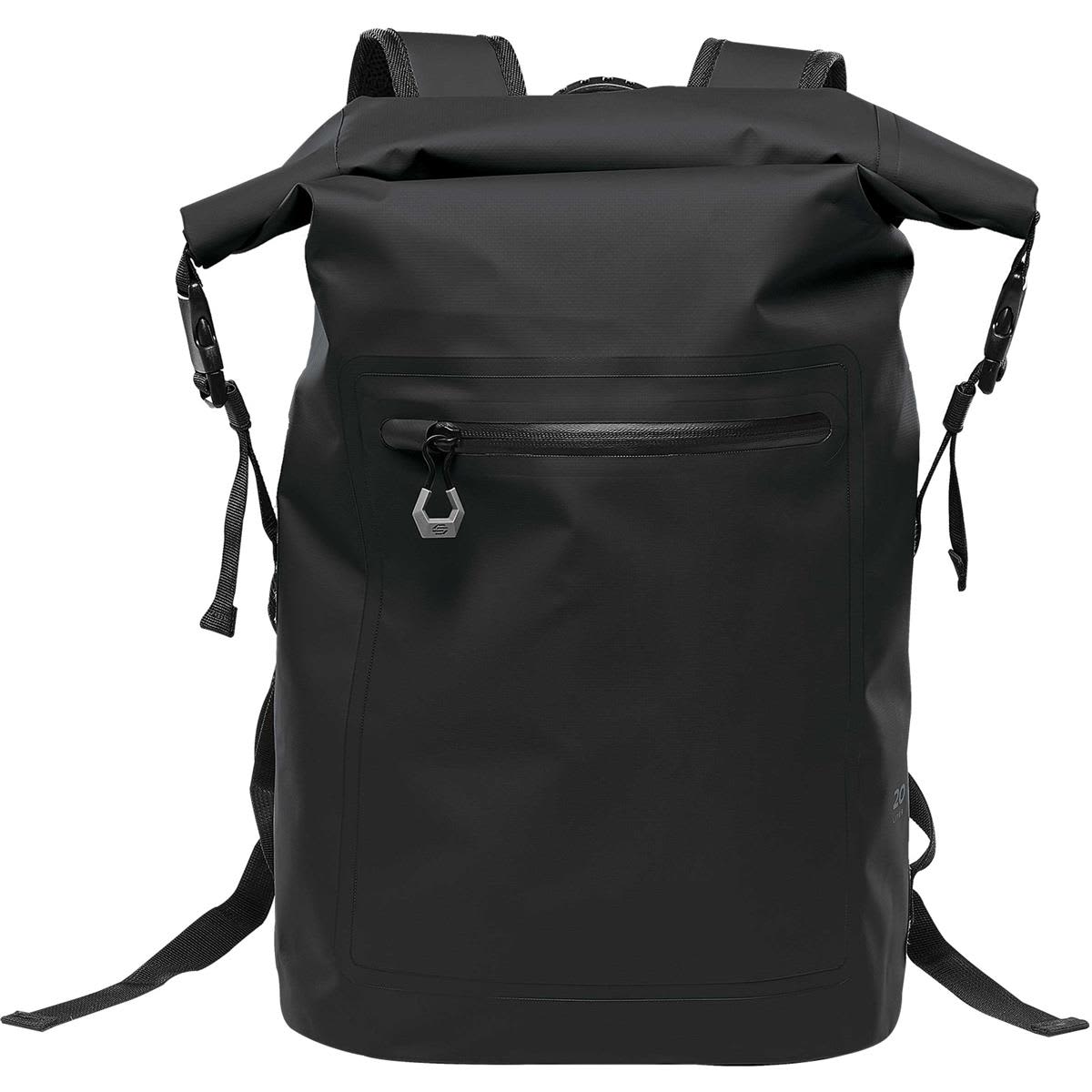 Black roll-top backpack with front pocket and side buckles.