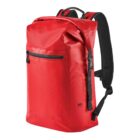Red waterproof backpack with black straps and a front zip pocket, 35-liter capacity.