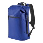 Blue waterproof backpack with front pocket and adjustable straps, 35 liters capacity.