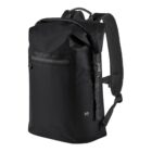 Black waterproof backpack with front zipper pocket and adjustable straps.