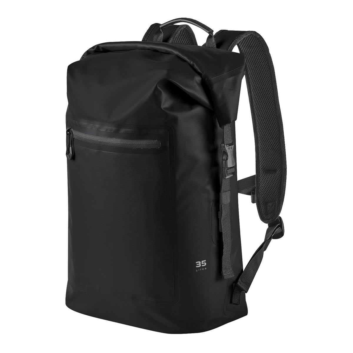 Black waterproof backpack with front zipper pocket and adjustable straps.