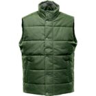 Green puffer vest with a high collar and snap buttons, viewed from the front.