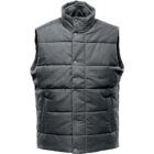 Dark green quilted sleeveless vest with a high collar and button closure.