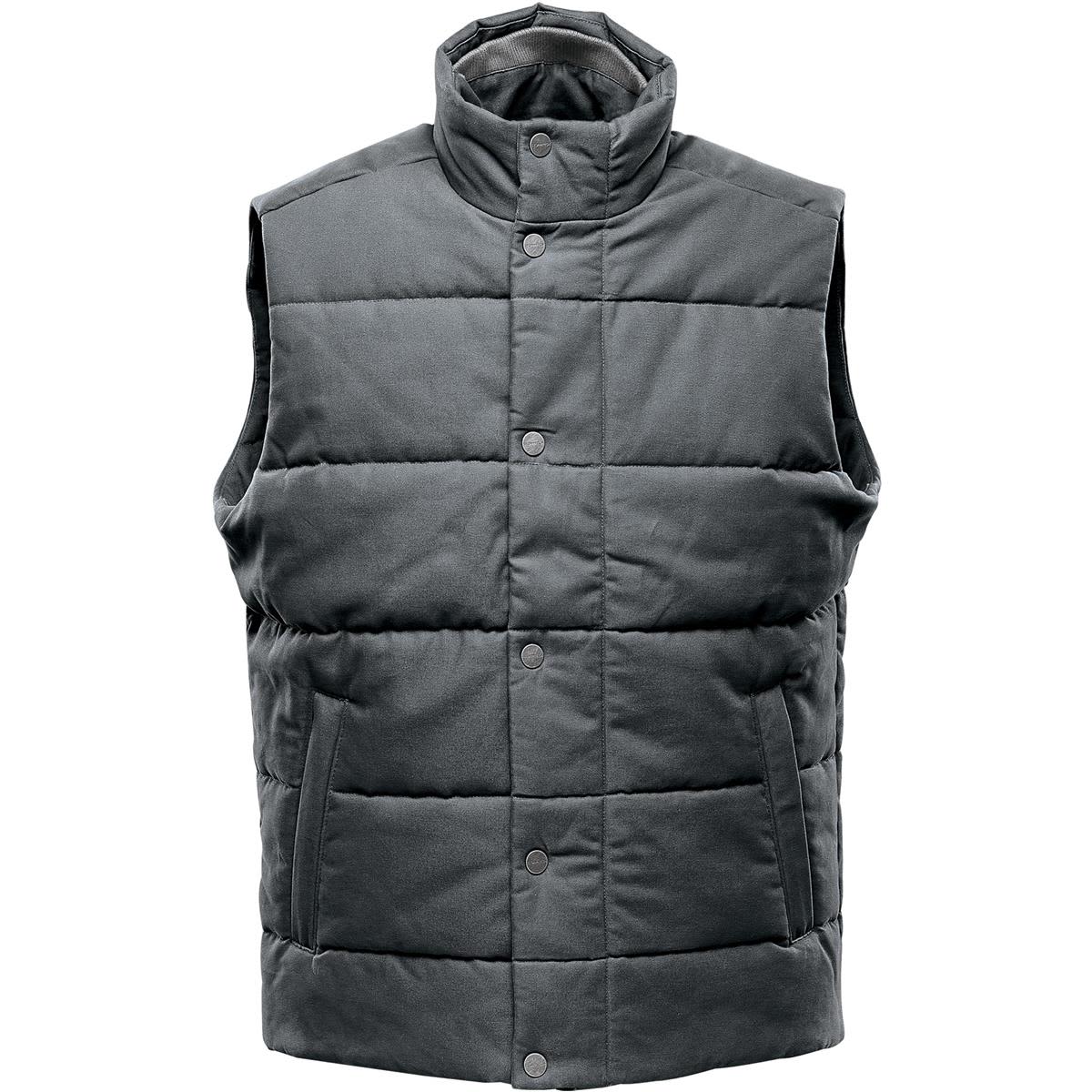Dark green quilted sleeveless vest with a high collar and button closure.