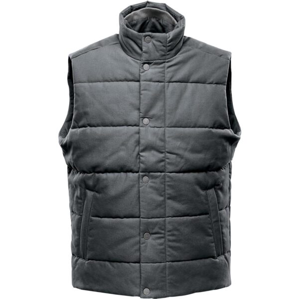 Black quilted sleeveless vest with buttons and high collar.