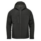 Dark green hooded jacket with front zipper and zippered pockets.