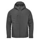Dark green hooded winter jacket with zip pockets, fully zipped up.