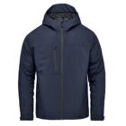 Navy blue hooded jacket with zippered pockets and front zip closure.
