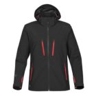 Black jacket with red zipper accents and a hood.