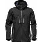 Black hooded jacket with zippered pockets and adjustable cuffs.