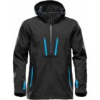 Black jacket with blue zippers and a hood, featuring multiple pockets.
