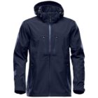 Navy blue hooded jacket with multiple zippers and pockets.