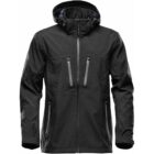 Black hooded jacket with zippered front pockets and long sleeves.