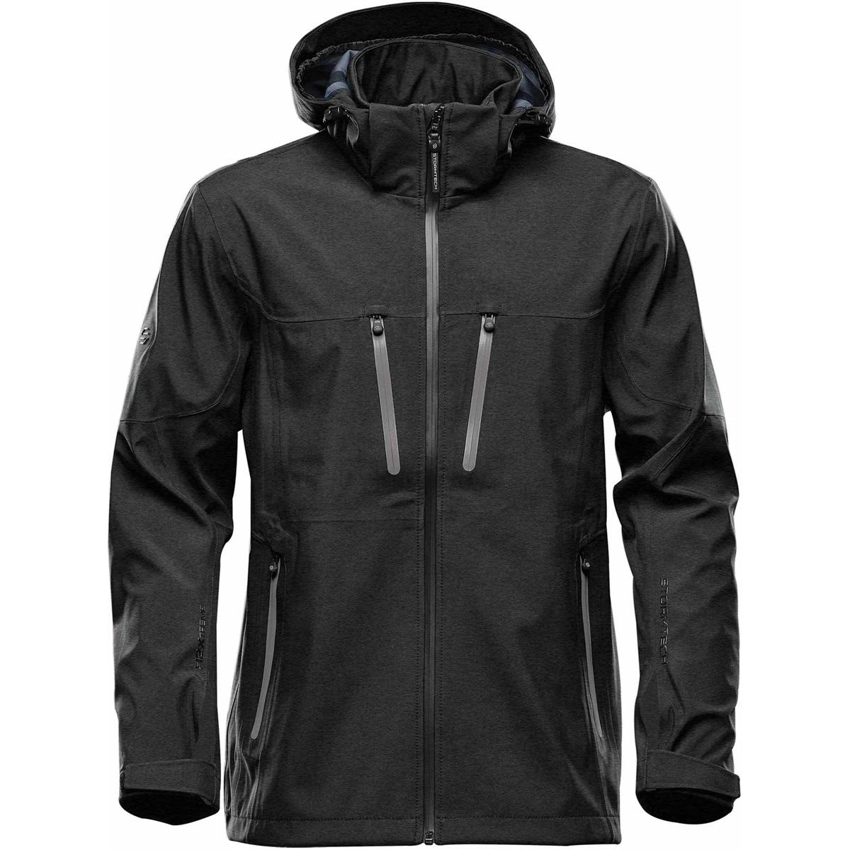 Black hooded jacket with zippered front pockets and long sleeves.