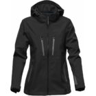 Black hooded jacket with multiple zippered pockets and a sleek design.