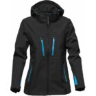 Black jacket with blue zippers and a hood, featuring two chest pockets.
