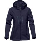 Dark blue hooded jacket with multiple zippers, front view.