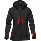 Black hooded jacket with red zipper accents on chest and pockets.