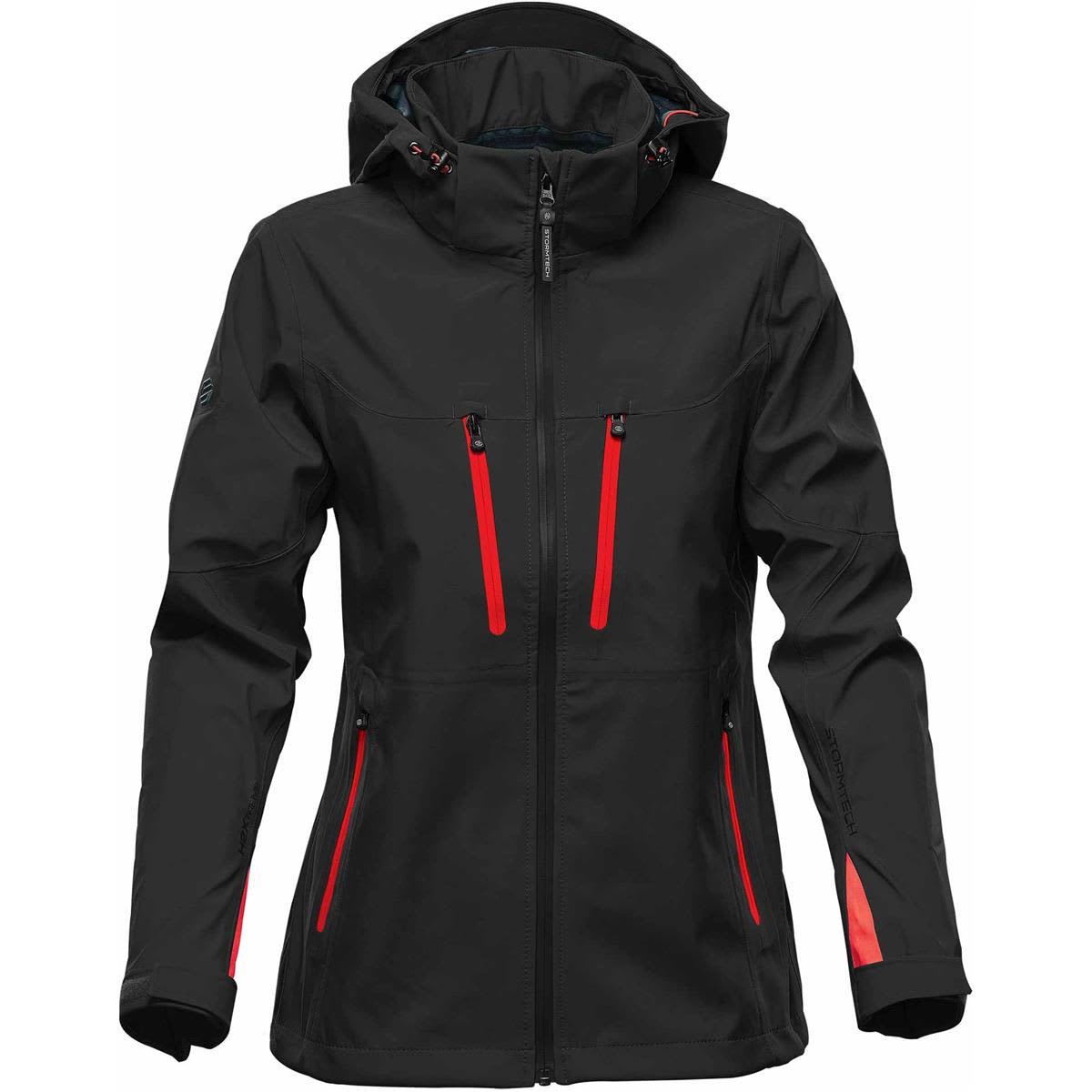 Black hooded jacket with red zipper accents on chest and pockets.