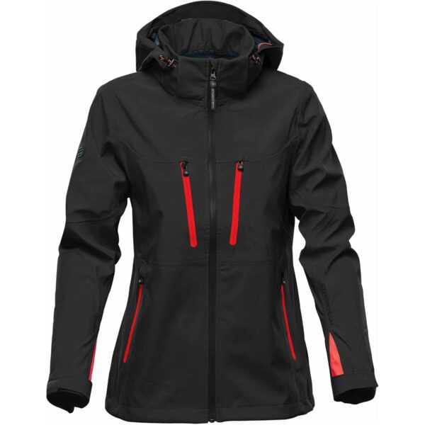 Black jacket with red zippers and a hood, displayed on a white background.