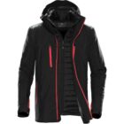 Black and red hooded jacket with multiple zippers and a layered design.