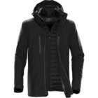 Black winter jacket with a detachable hood and zip-up front.