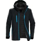 Black jacket with blue zippers, hood, and insulated inner lining, displayed on a white background.