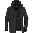Black multi-layered winter jacket with hood and zippers.