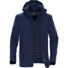 Dark blue hooded jacket with front zipper and two chest pockets, displayed on a white background.