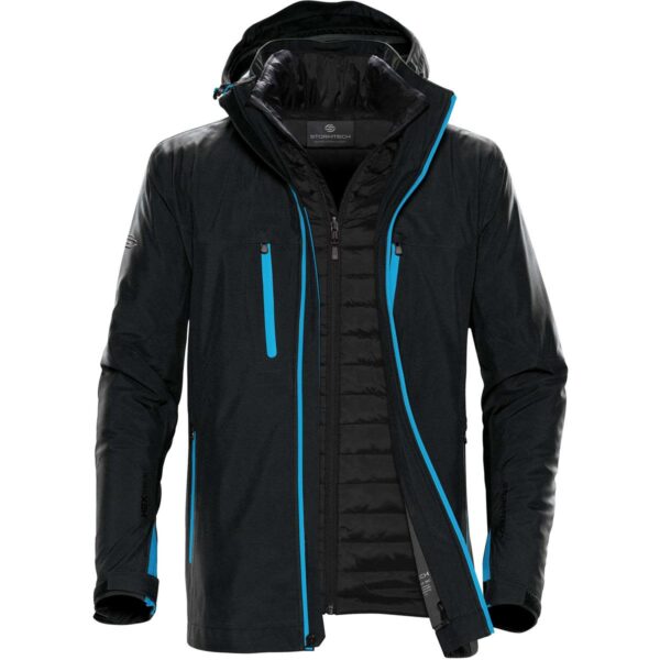 Black winter jacket with blue zippers and a hood, featuring a quilted interior lining.