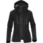 Black hooded jacket with a zip-up front and multiple pockets.