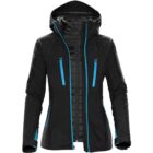 Black and blue hooded jacket with multiple zippers and a quilted inner lining.