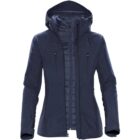 Dark blue hooded jacket with multiple zippers and a sleek, insulated design.