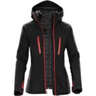 Black and red hooded jacket with multiple zippers, front view.