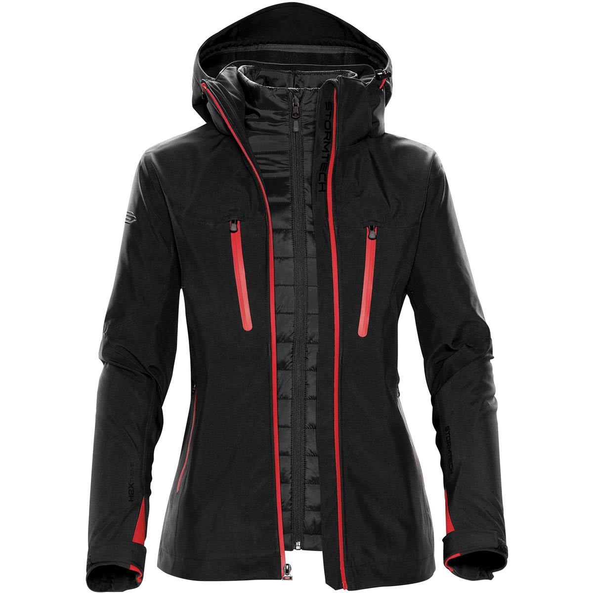 Black and red hooded jacket with multiple zippers, front view.